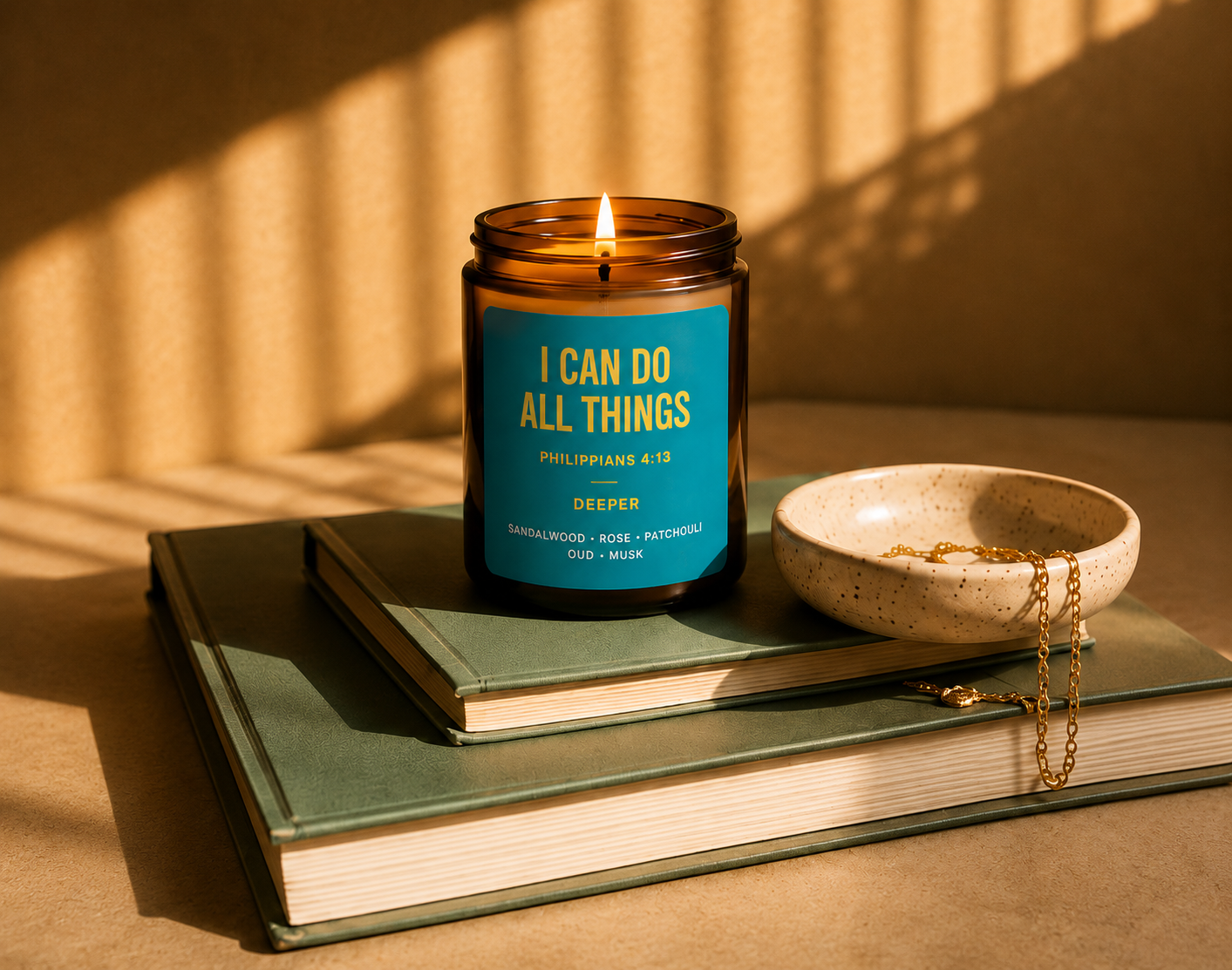 I Can Do All Things Scripture candle in an amber glass jar, lit, resting on a stack of books