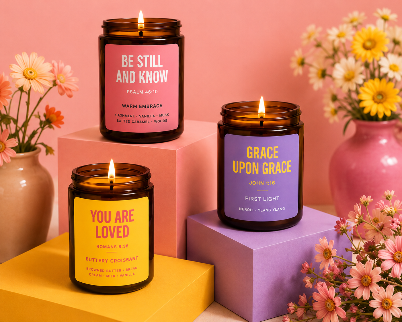 You Are Loved, Be Still And Know and Grace Upon Grace Scripture candles in amber glass jars