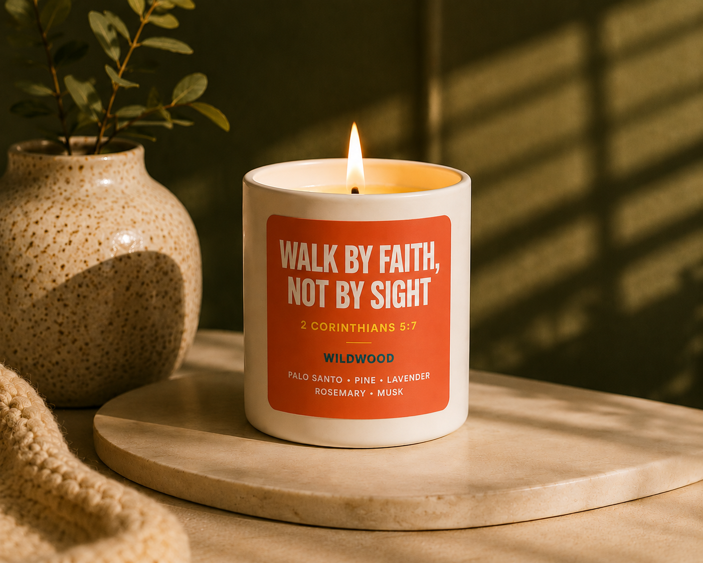 Walk By Faith, Not By Sight Scripture candle in a white matte jar, lit, on a marble table